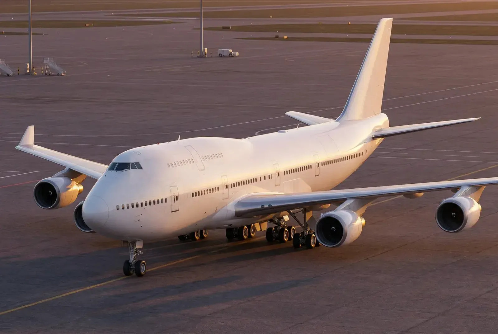 A Boeing 747 parked in warm evening light, its humped upper deck and four engines in profile.